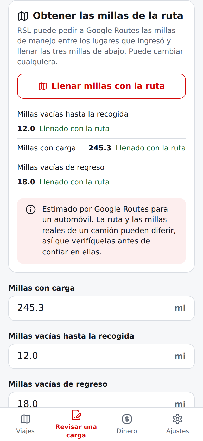 Pregunta actual en español sobre millas con las millas de la ruta llenadas