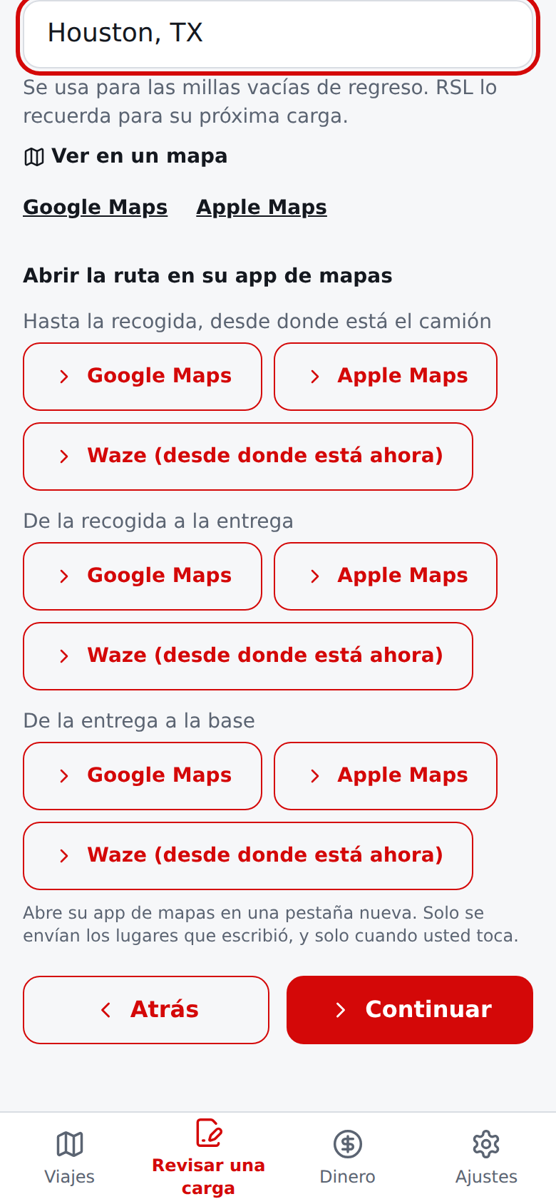 Enlaces de ruta actuales en español para cada tramo de la carga