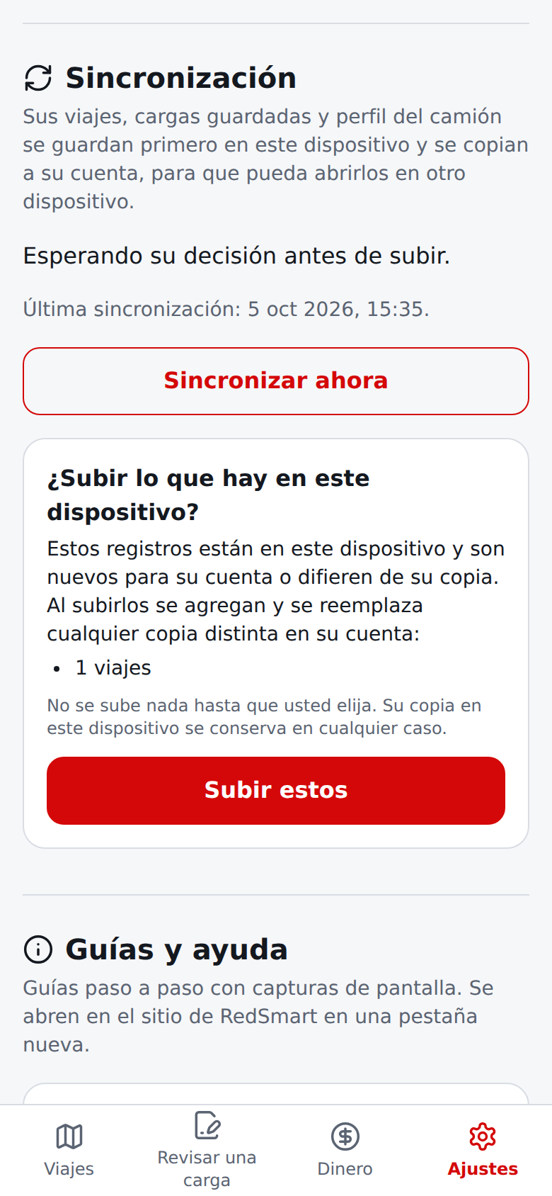 Página actual de Ajustes en español que pregunta si subir lo que hay en este dispositivo