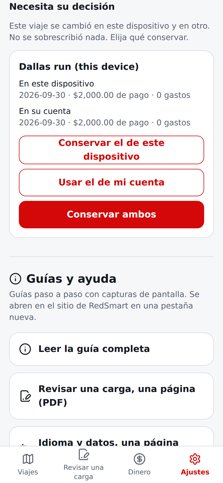 Página actual de Ajustes en español con un viaje cambiado en este dispositivo y en otro, con las tres opciones