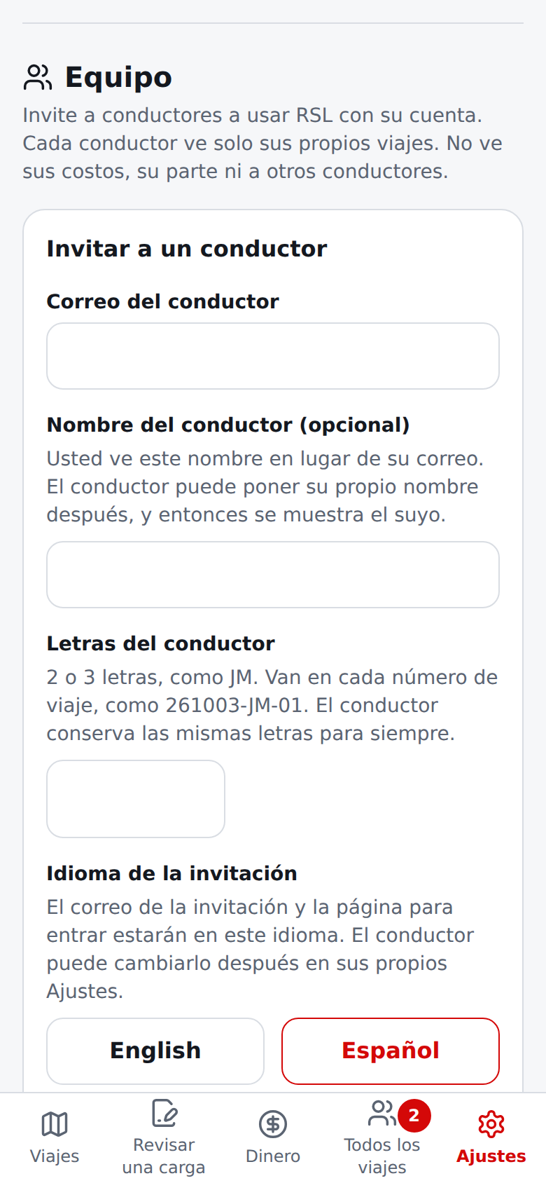 Página Ajustes en español: la sección Equipo del dueño con el formulario de invitación, un conductor y una invitación esperando