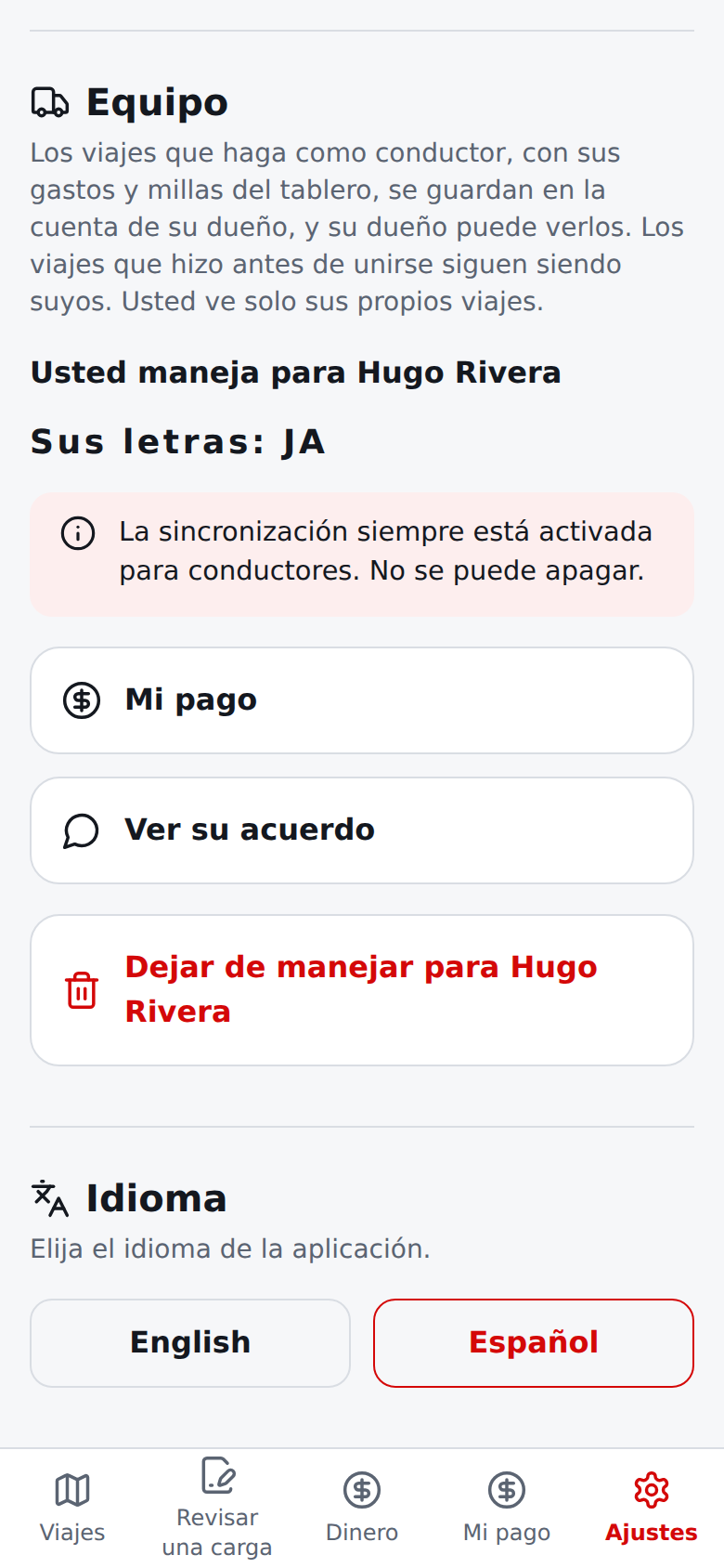 Página Ajustes de un conductor en español: Usted maneja para el dueño, letras, sincronización siempre activada, Mi pago, Dejar de manejar