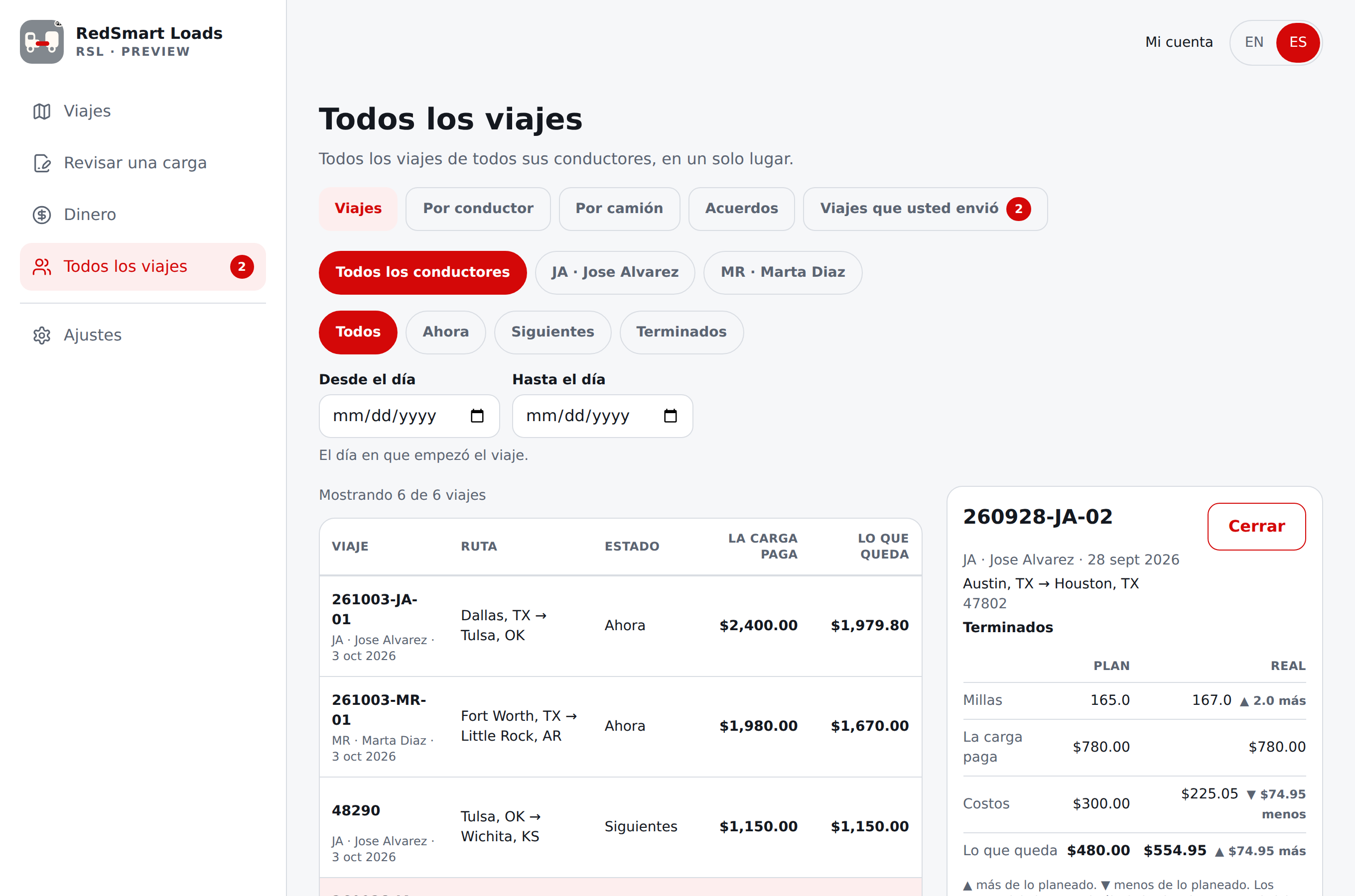 Todos los viajes en pantalla ancha: filtros, una tabla con todos los conductores y un viaje abierto con Plan junto a Real