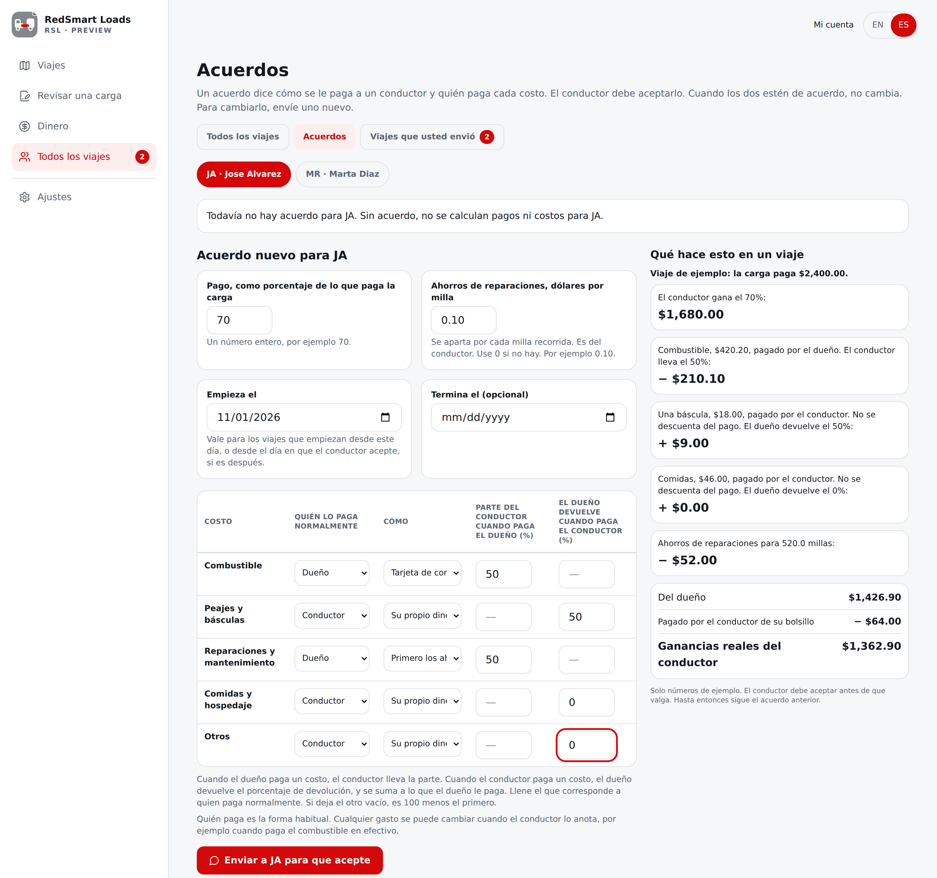 Pantalla actual en español de Acuerdos en una pantalla ancha: el formulario junto a lo que hace en un viaje de ejemplo