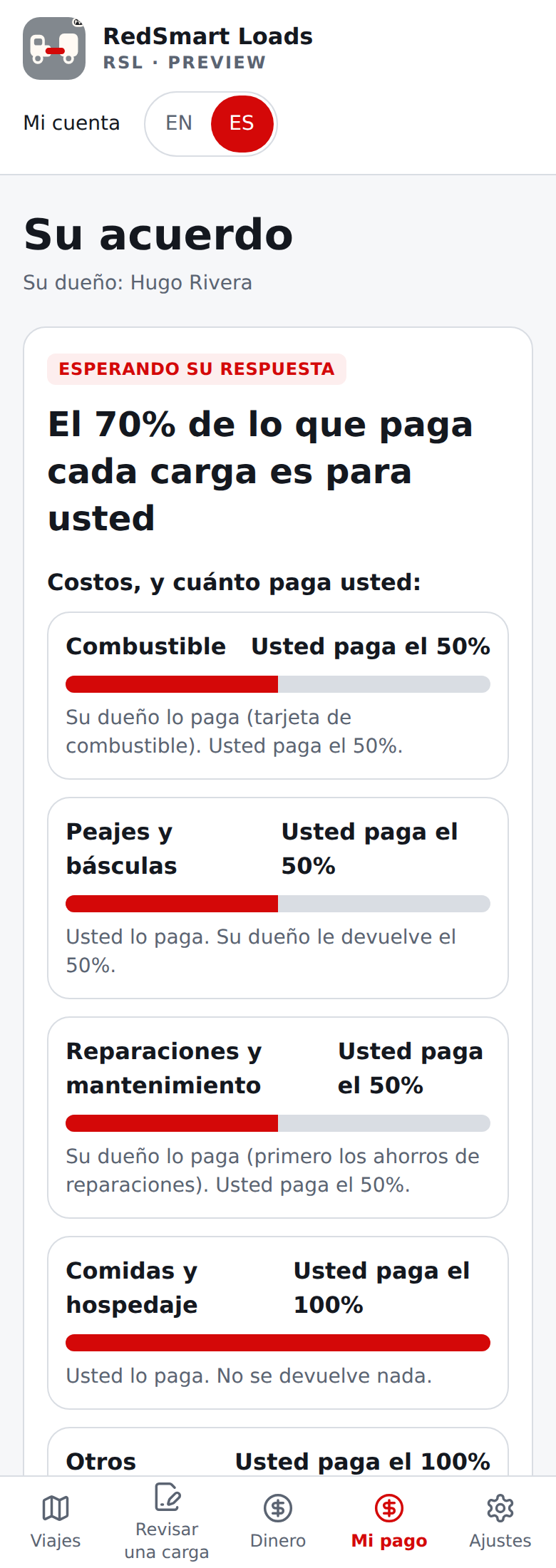 Pantalla actual en español del acuerdo del conductor para aceptar, en un teléfono