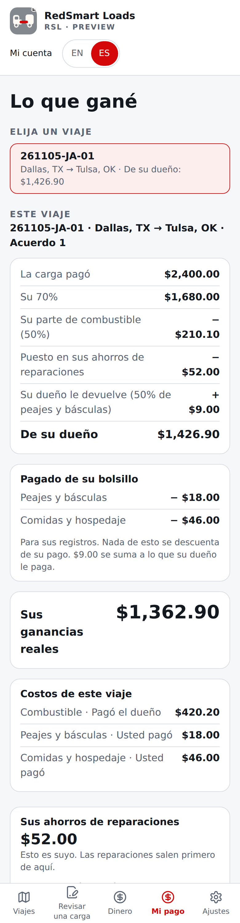Pantalla actual en español de Lo que gané, en un teléfono: De su dueño, Pagado de su bolsillo y Sus ganancias reales