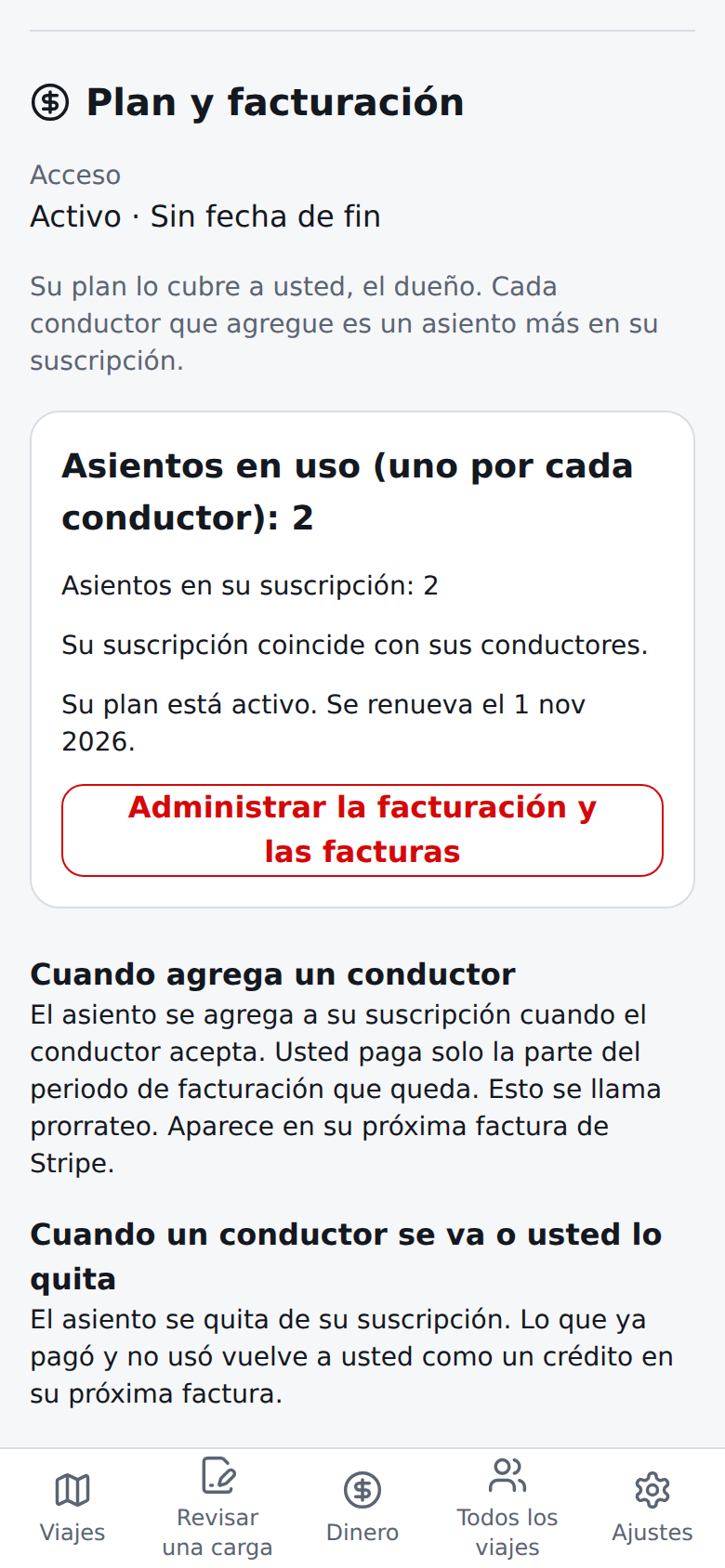 Página actual de Mi cuenta en español: la sección Plan y facturación del dueño con asientos en uso, el plan y qué pasa al agregar o quitar un conductor