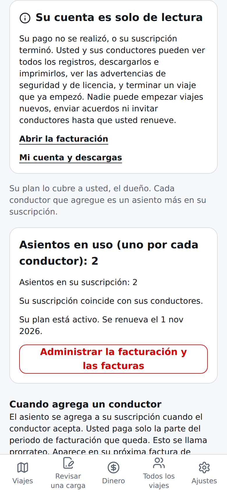 Tarjeta actual en español de solo lectura del dueño: el pago no se realizó, qué sigue funcionando