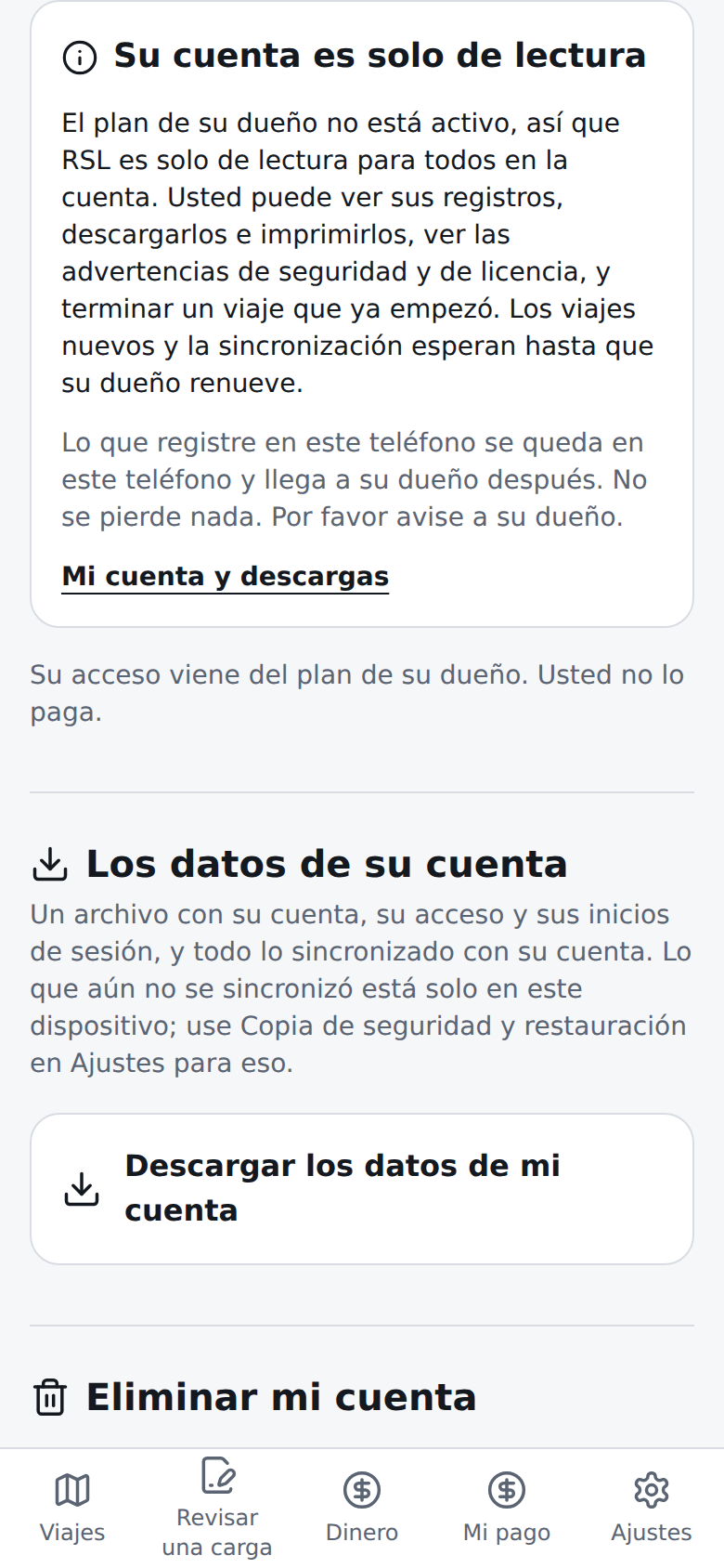 Tarjeta actual en español de solo lectura del conductor: el plan de su dueño no está activo, no se pierde nada