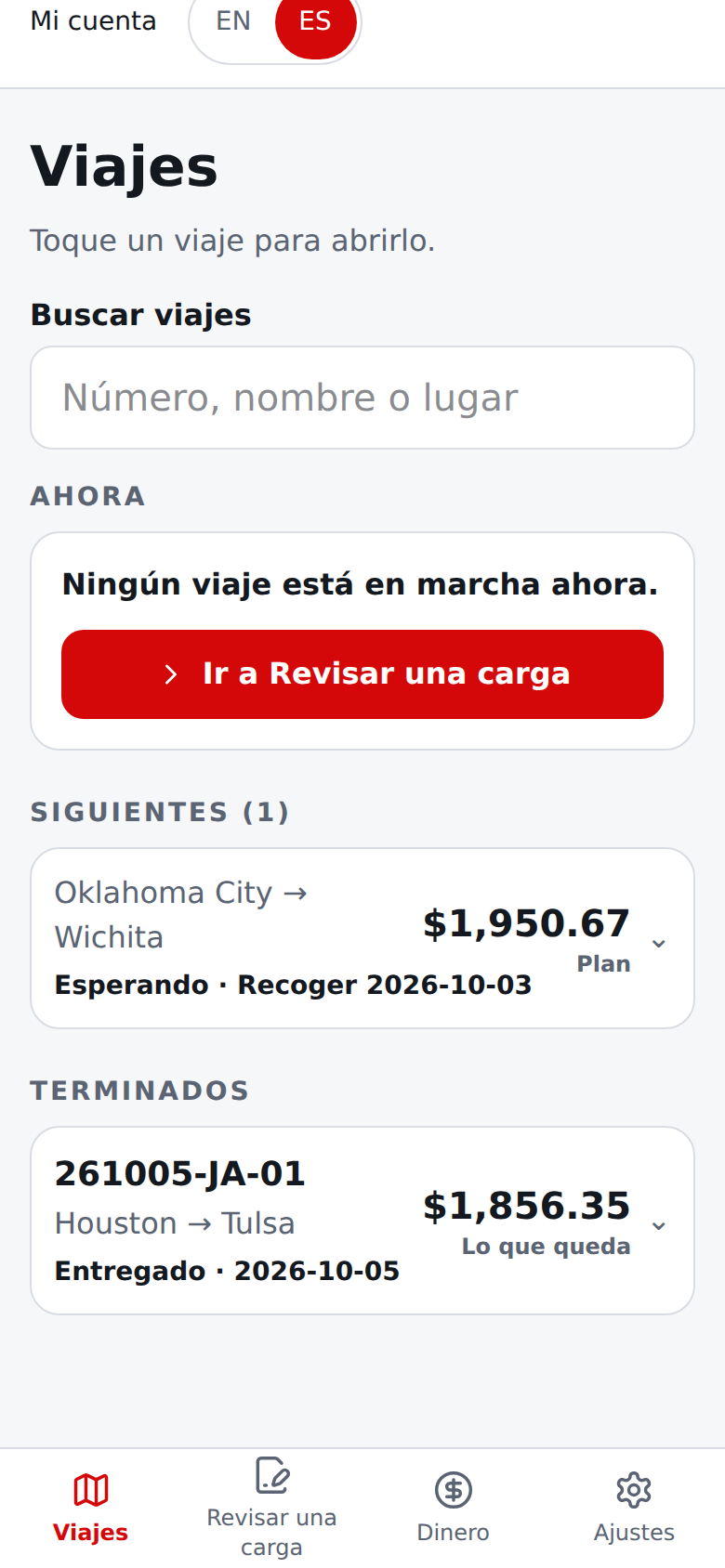 Viajes actual en español con Ahora, Siguientes y Terminados, cada viaje en una línea