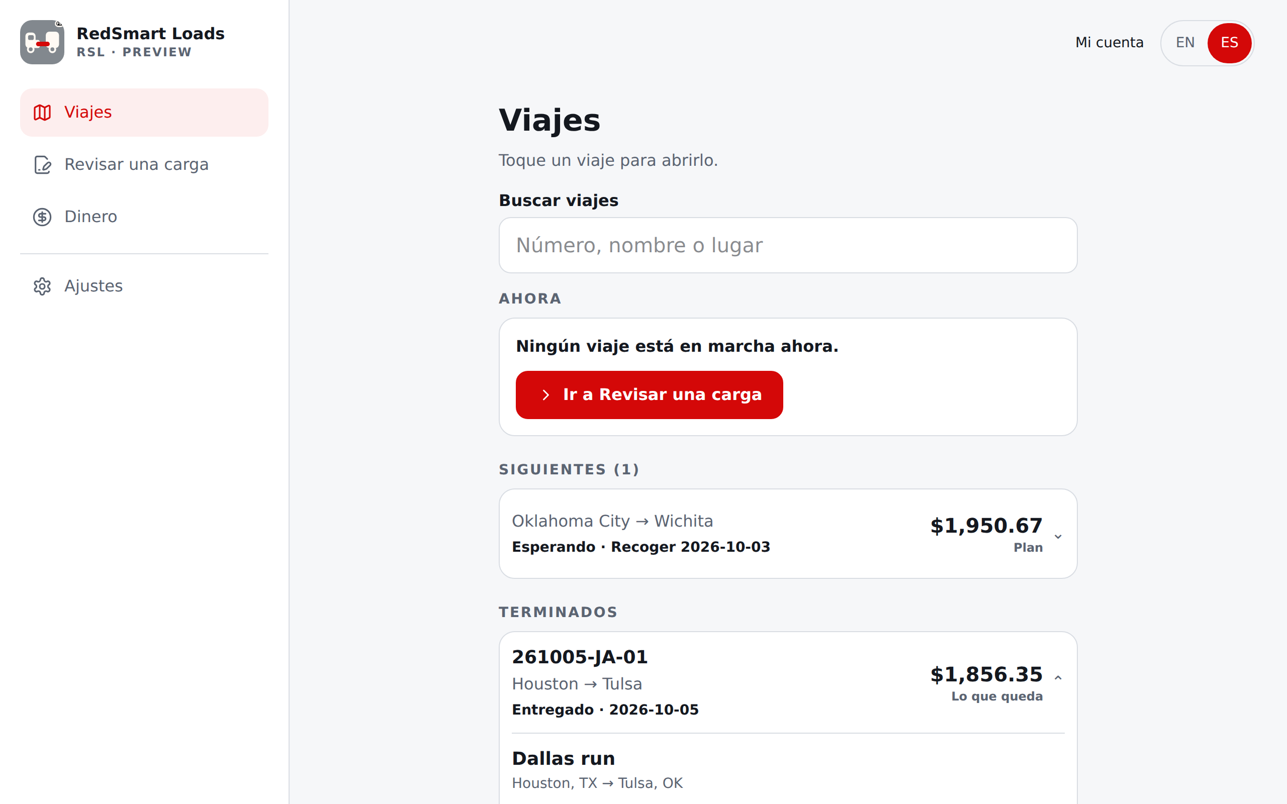 Viajes en una pantalla ancha, en español: una columna centrada junto a la barra lateral