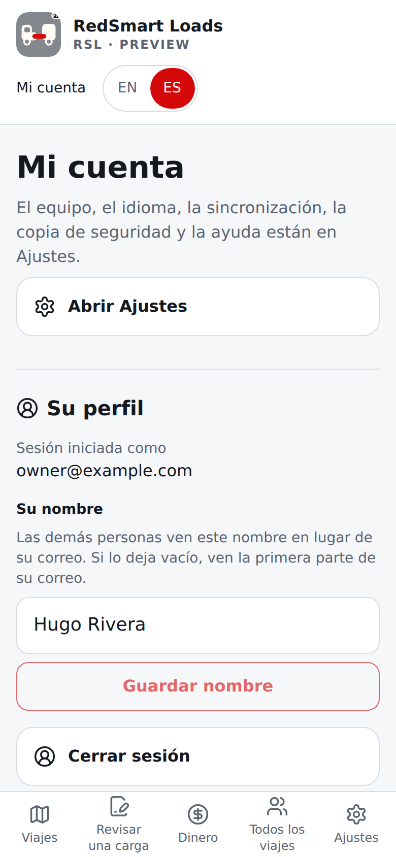 Página actual de Mi cuenta en español: Su perfil, Plan y facturación, y solo lo de la cuenta