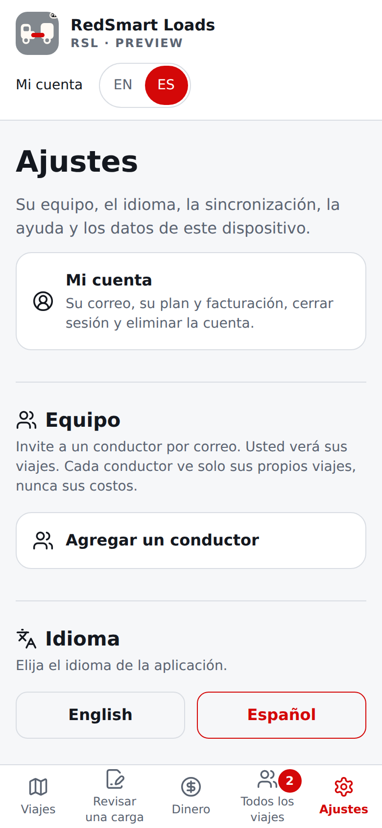 Página actual de Ajustes en español de una persona sin conductores: Equipo primero, con una sola entrada Agregar un conductor
