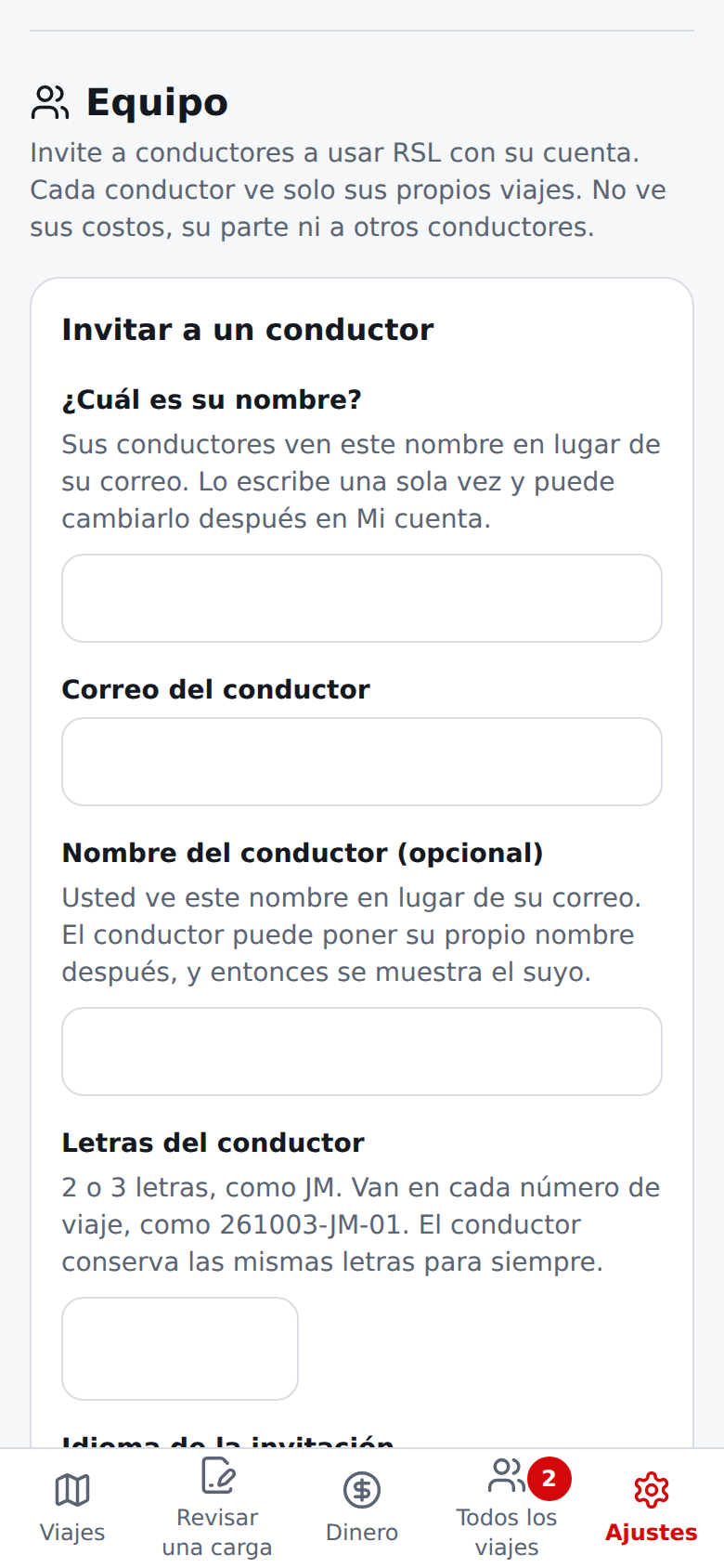 Agregar un conductor abierto en español: el formulario de invitación