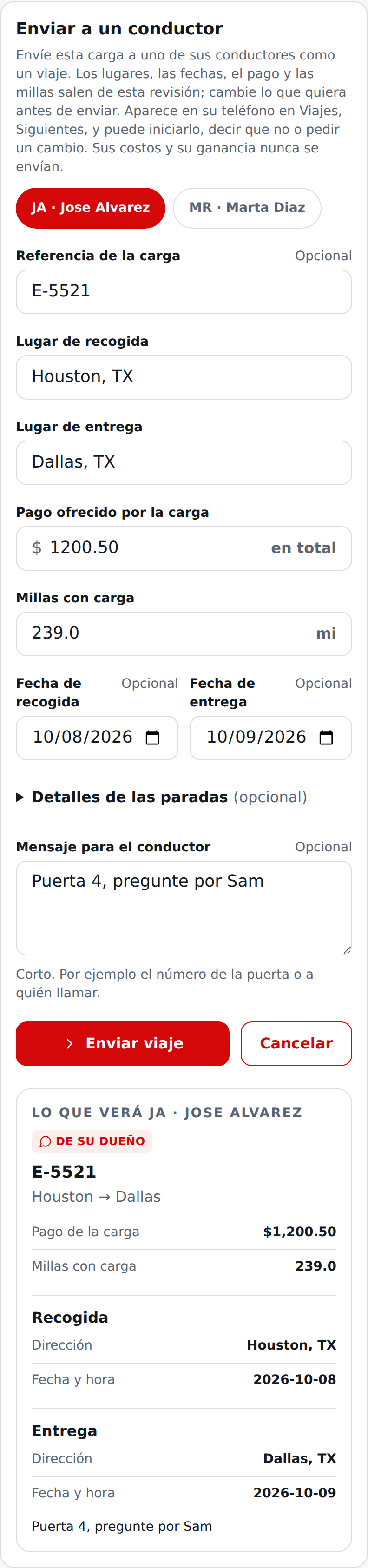 Pantalla actual en español de Enviar a un conductor en una pantalla ancha: el mismo formulario con lo que verá el conductor
