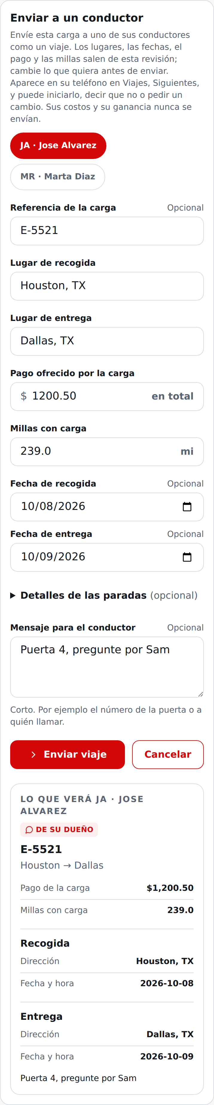 Pantalla actual en español de Enviar a un conductor al final de una revisión de carga, en un teléfono: el formulario llenado con la revisión