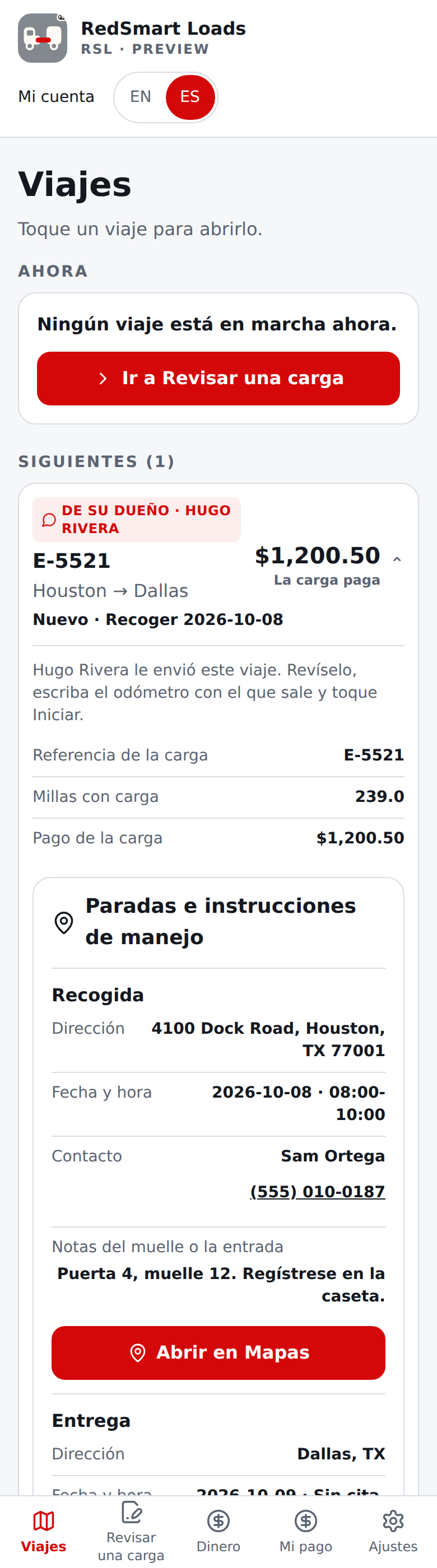 Pantalla actual en español de un viaje de su dueño en Viajes, Siguientes: todos los datos, el odómetro, Iniciar este viaje, Rechazar y Pedir un cambio