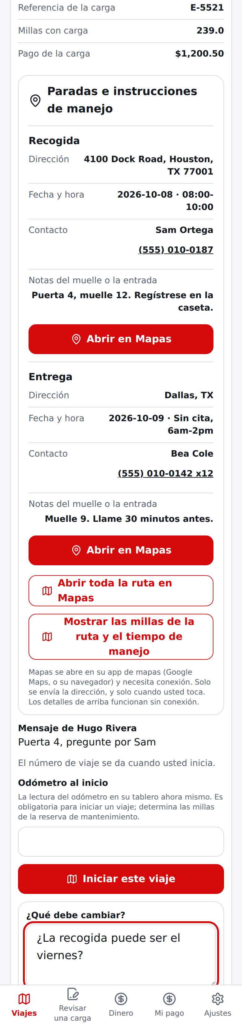 Pantalla actual en español de Pedir un cambio con el mensaje escrito