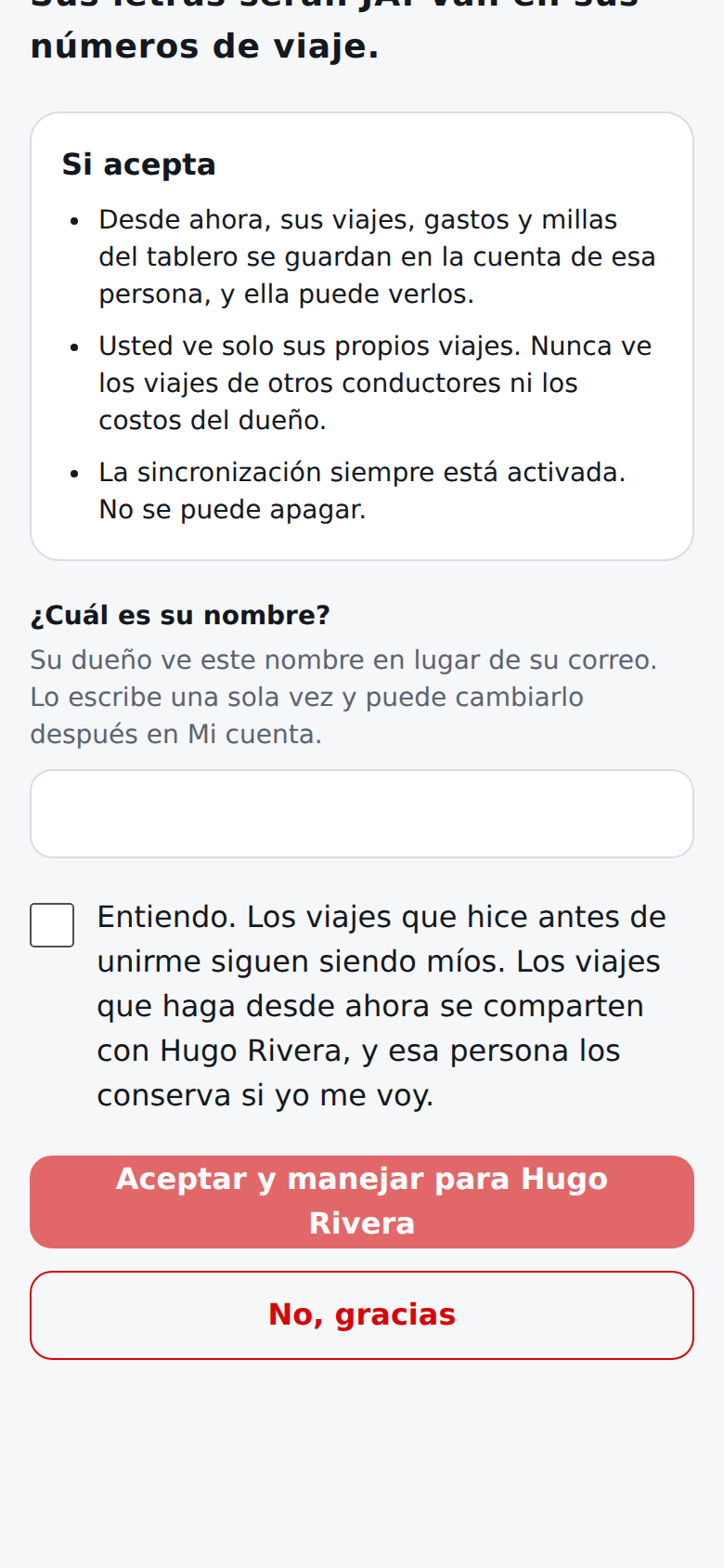 Página de invitación en español para un conductor sin nombre todavía: ¿Cuál es su nombre? sobre la confirmación