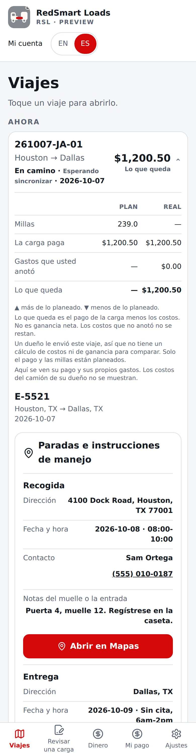 Pantalla actual en español de un viaje iniciado de su dueño: Plan y Real con un guion en costos y en lo que queda, y la nota de que no hay cálculo