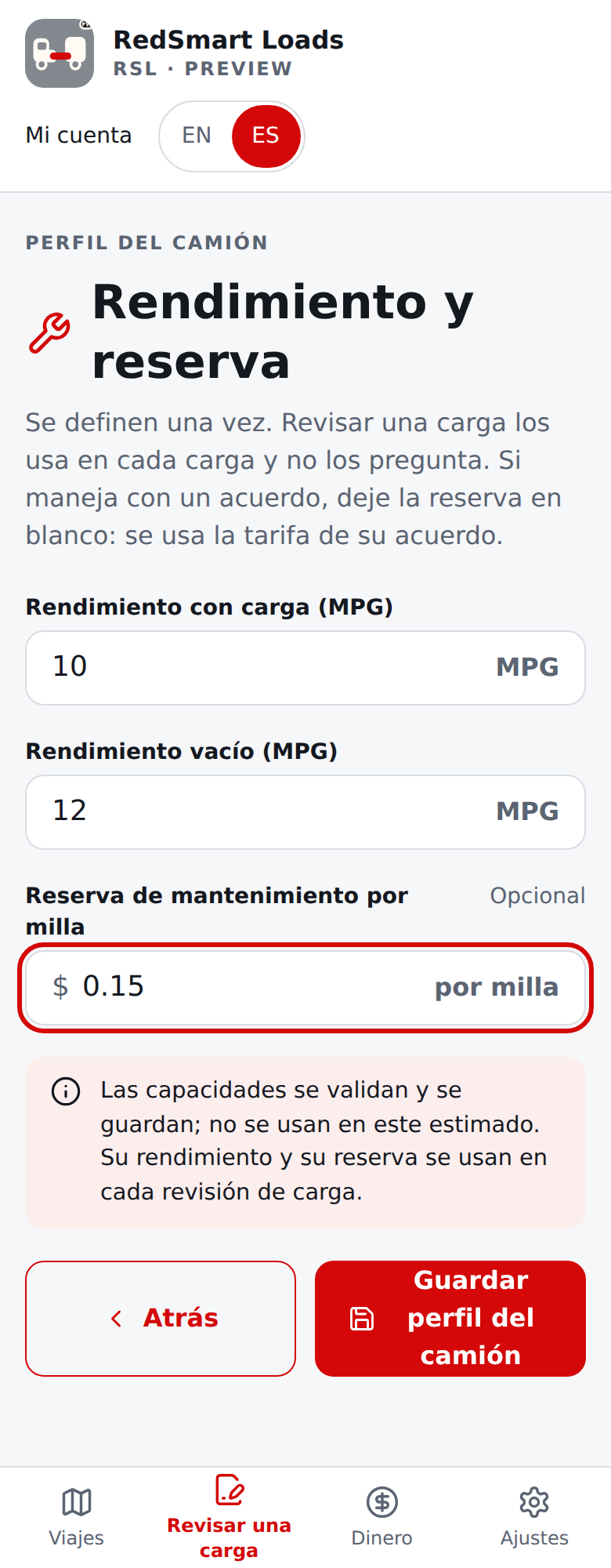 Perfil del camión actual en español, tercer paso: rendimiento con carga y vacío y reserva de mantenimiento por milla