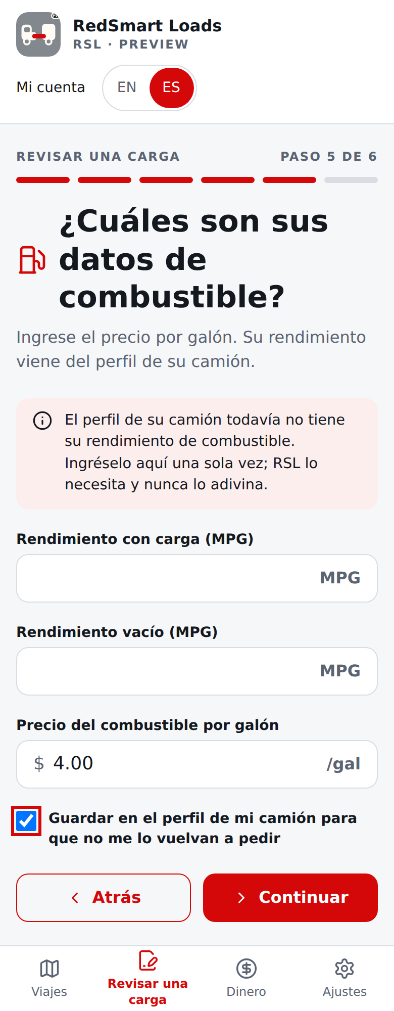 Pregunta de combustible actual en español para un perfil sin rendimiento todavía: se pregunta una vez, con el motivo y la casilla para guardarlo en el perfil del camión