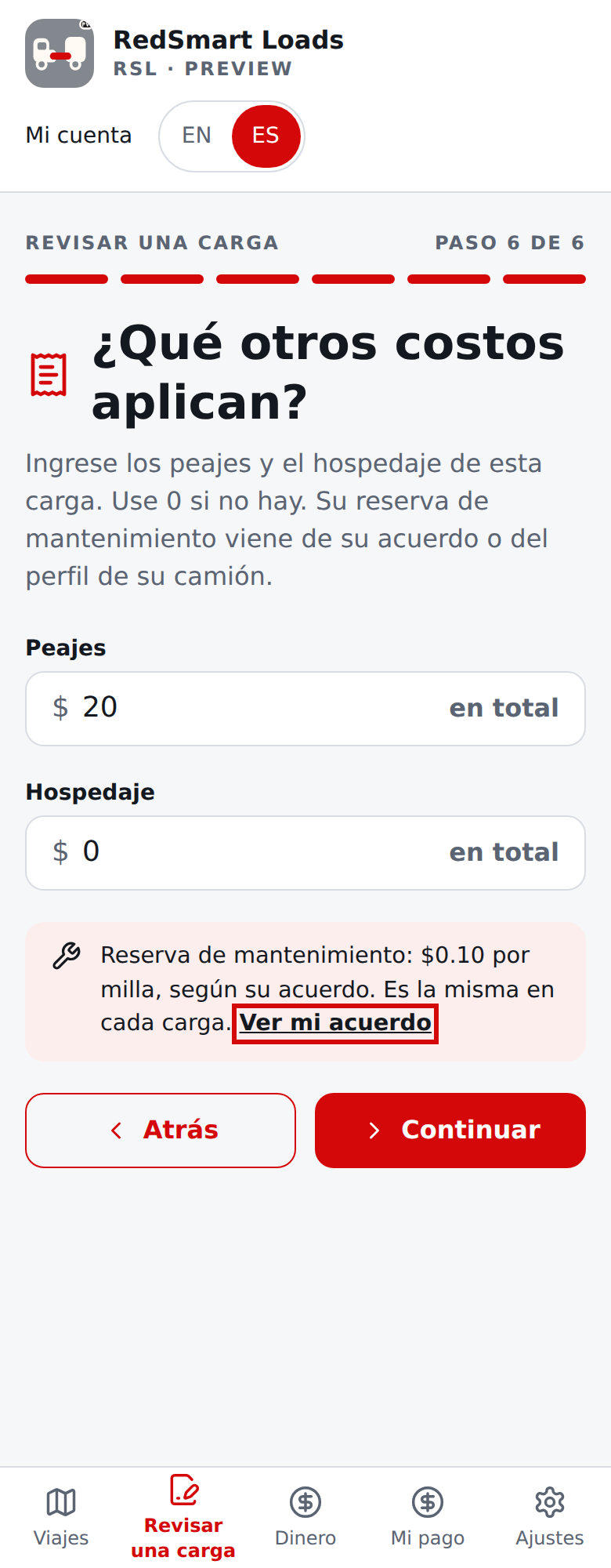 Pregunta de costos actual en español para un conductor: la reserva viene del acuerdo