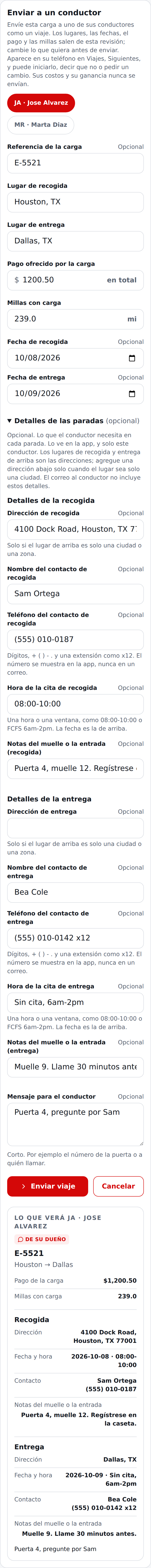 Pantalla actual en español de los Detalles de las paradas abiertos y llenados para la recogida y la entrega, con lo que verá el conductor