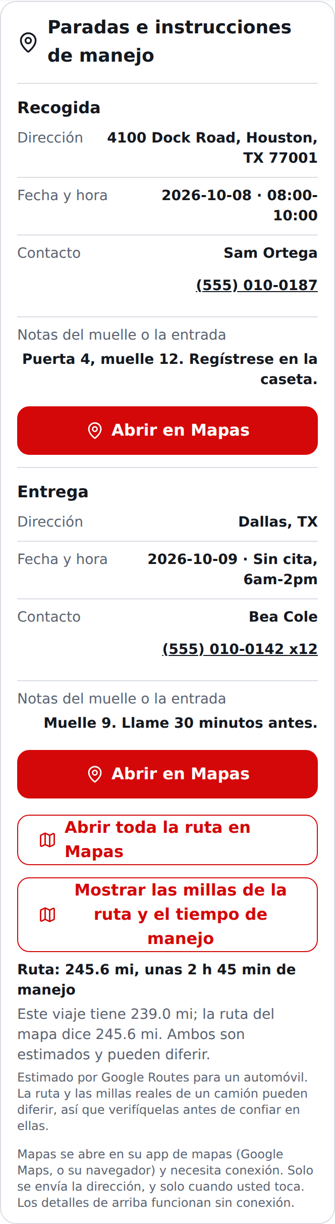 Pantalla actual en español de la sección Paradas e instrucciones de manejo: dirección, fecha y hora, contacto con teléfono para llamar, notas, Abrir en Mapas en cada parada, la ruta completa, y las millas y el tiempo de manejo de la ruta
