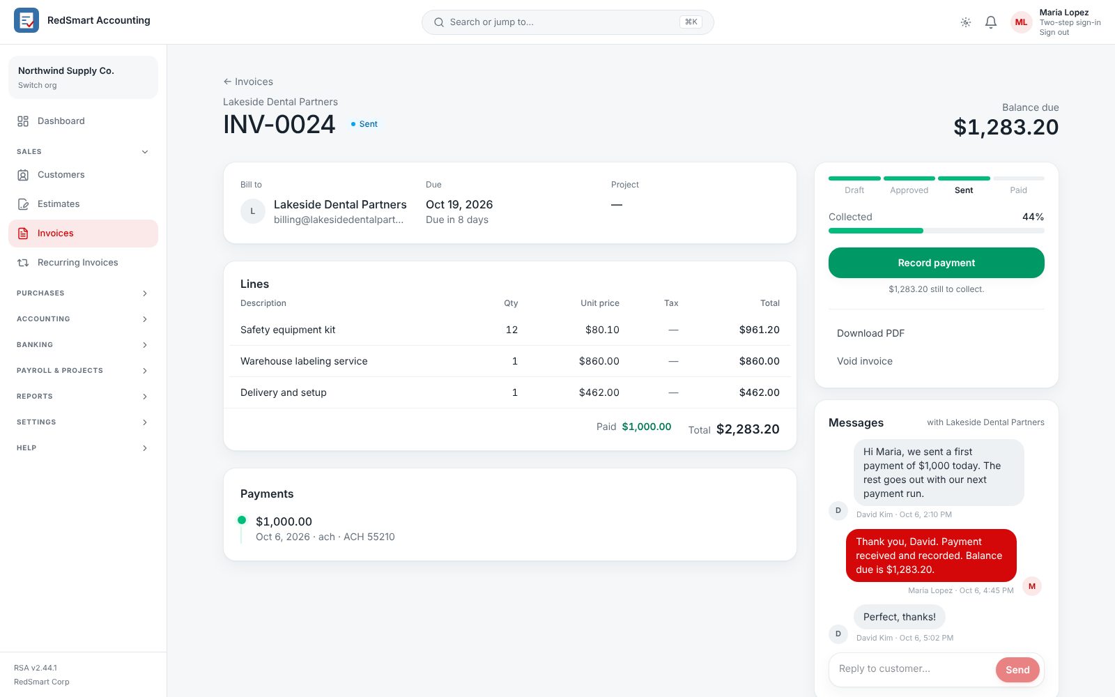 Record a payment in one click.
