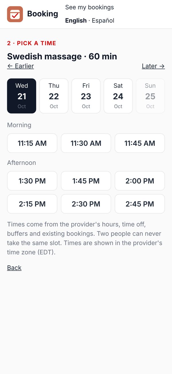 Picking a time in RedSmart Booking on a phone