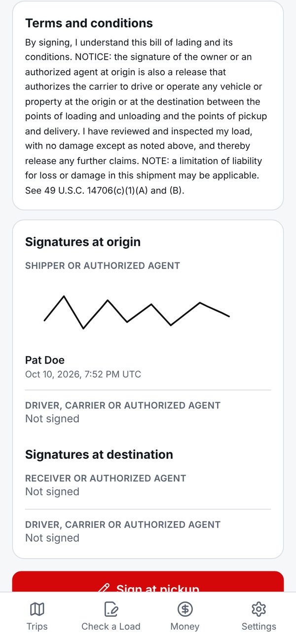 Bills of lading, signed on your phone.